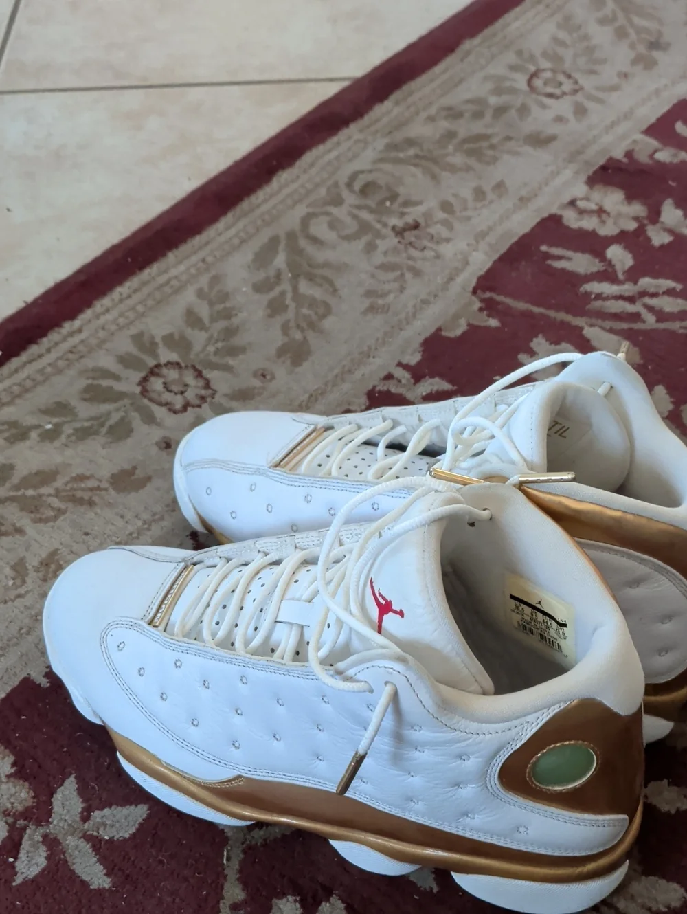 Jordan Men's White and Gold Basketball Sneakers with Red Jumpman